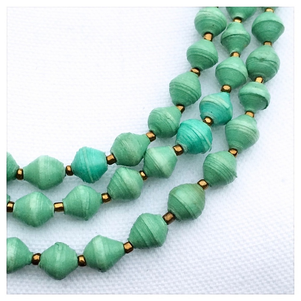 Vintage TENG YUE Green Bronze Beaded 3 Layer Necklace EUC - Picture 3 of 8
